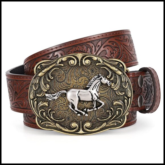 Western Cowboy Belt Leather Classic Buckle Adjustable Snap Button Embossed